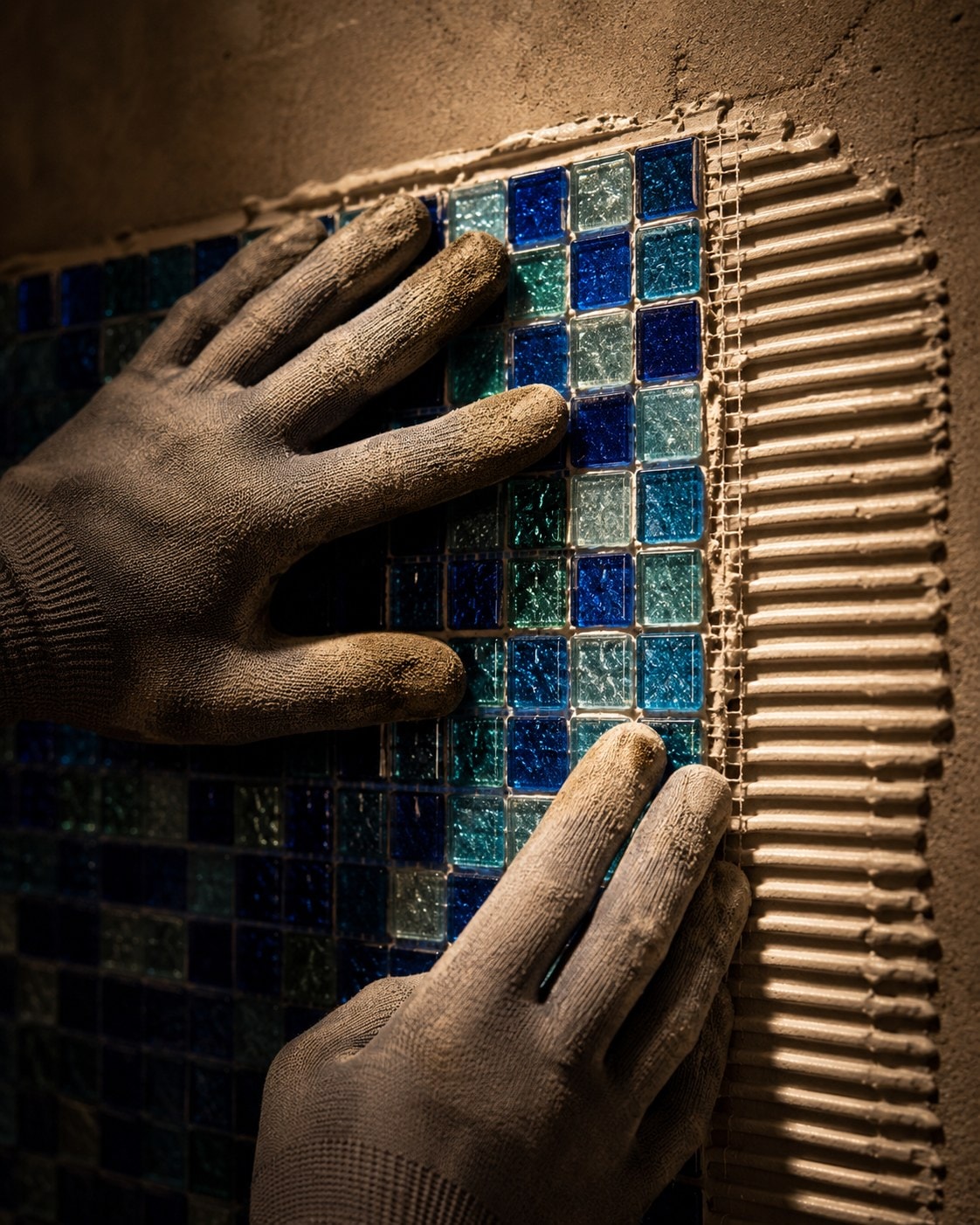 Gloved hands pressing blue mosaic into fresh adhesive