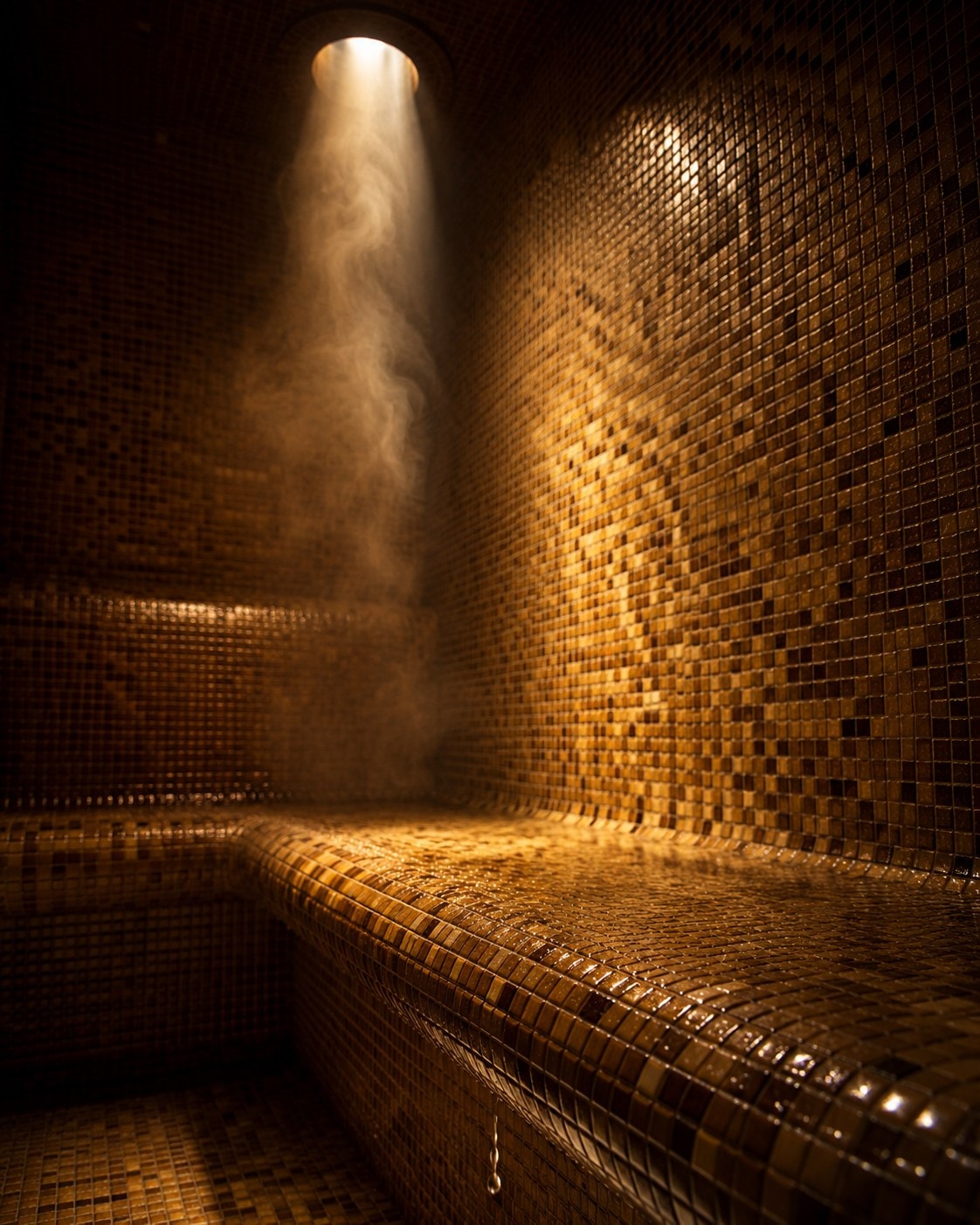 Warm mosaic hammam under a single shaft of light