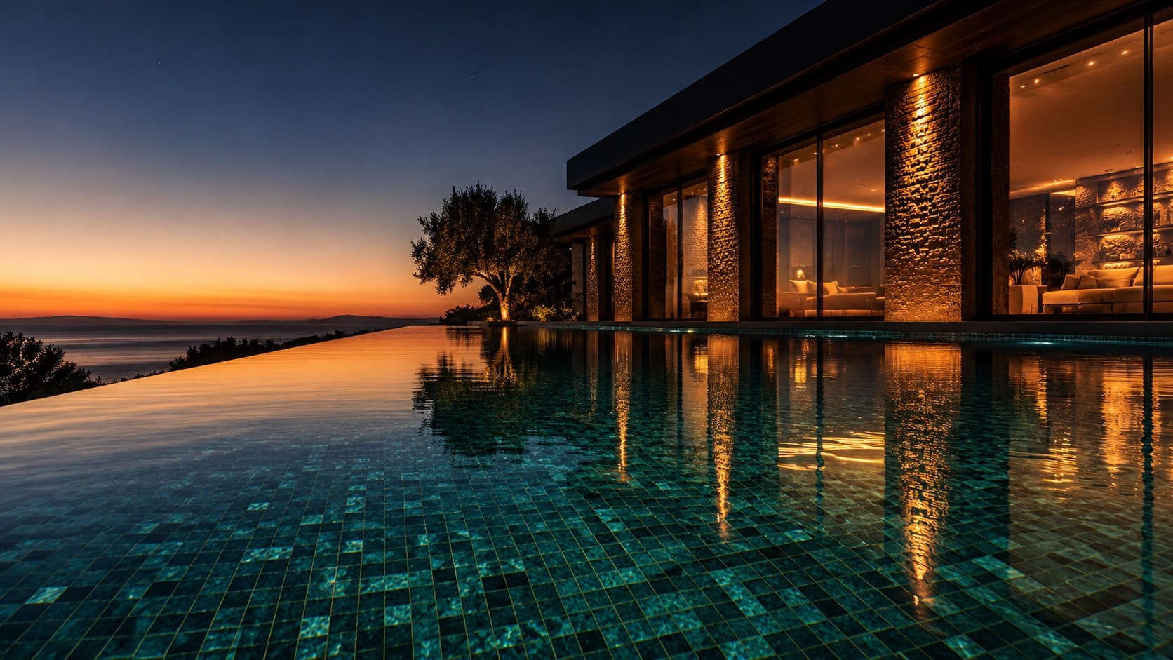 A villa over an infinity pool of aquamarine mosaic