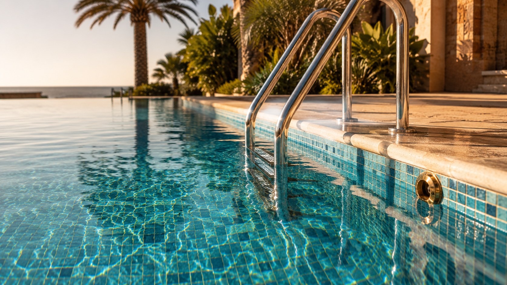 A chrome ladder entering clear water over aqua mosaic